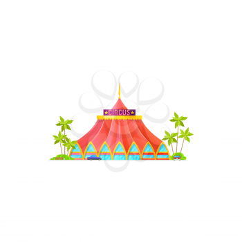 Circus tent isolated entertainment building exterior design. Vector facade of big top circus, parking zone with parks or vehicles, palm trees. Red marquee and blue windows, amusement awning