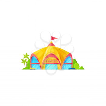 Facade of big top circus, flag on roof isolated building exterior with parking zone. Vector marquee awning with flag on roof, entertainment or performance arena, amusement shed, palm trees and bushes