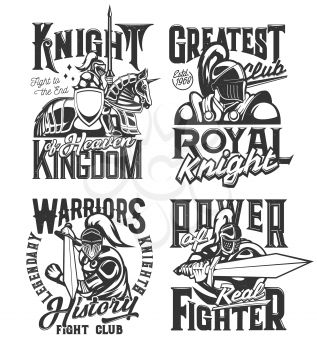 Tshirt prints with knight warriors with sword, spear and horse vector mascot for fighter club apparel design. Medieval knights in helmet with plumage, armor or cape. T shirt prints with typography set