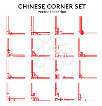 Chinese red frame corners and dividers vector set. Oriental Asian ornament embellishment with traditional geometric line pattern of ancient endless knot, Buddhism symbol of eternity or lucky sign