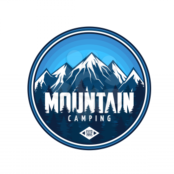 Mountain camping icon, tourism and rock climbing vector round label with rocks top and snowy peaks. Travel emblem for hiking adventure or expedition with steep rocky hills and crests nature landscape