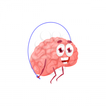 Brain power, cartoon character jumping on rope isolated memory training emoticon. Vector strong mind leaping in gym, mental health, iq raising. Creative brain mascot doing fitness sport exercises