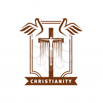 Christianity icon with crucifixion and doves. Christian religion commune, church or missionary mission vector symbol, emblem, label or icon with Jesus Christ on cross and two holly spirit dove birds