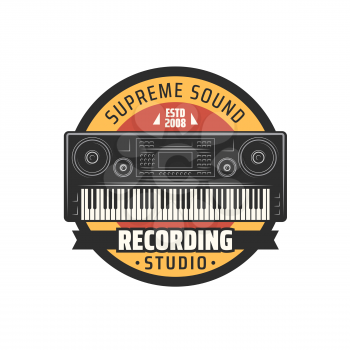 Sound recording studio icon with vector synthesizer. Electronic music instrument with digital keyboard, musical equipment isolated round symbol of sound, vocal and music recording, audio production