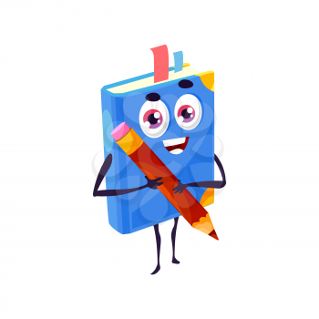 Textbook cartoon character holds pencil in hands, fairytale mascot, kids and children emoji emoticon. Vector book in hard cover happy textbook bestseller cartoon character, with sharp pencil