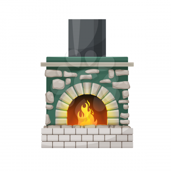 Home fireplace or hearth with burning fire flames. Vector fire place with gray stone facing and steel chimney, rock frame and mantelpiece, isolated cartoon house interior object