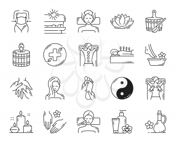 Beauty spa, face skin and body health care, massage outline icons. Vector woman figure, solarium and lotus flower with sauna bucket and spoon. Stone therapy, acupuncture and feet bathing body care