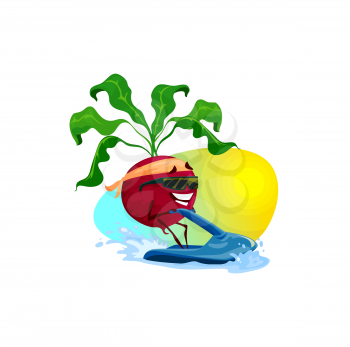 Happy radish cute cartoon character surfing on beach isolated funny kids food. Vector cute emoticon on surfboard, beetroot surfer in bandana summer vacation holidays of funny veggie, healthy eating