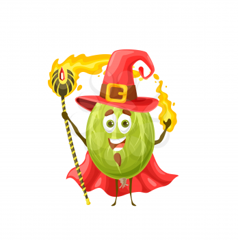 Funny gooseberry wizard or magician in red hat. Vector garden berry character, cartoon fruit sorcerer, magic personage in cape with wand and staff. Smiling wiz with cute face, enchanter or necromancer