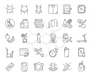 Diet nutrition, healthy food and fitness sport, weight control and keto diet vector outline icons. Body exercise and workout line symbols of health and lifestyle, gym training and physical activity