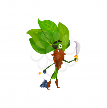 Pirate emoticon green spinach leaves isolated healthy vegetable cartoon character with burning bombs and sword. Vector vegetarian food, ripe farm greenery corsair buccaneer captain with eye patch