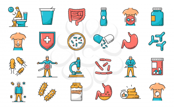 Probiotics and microflora line icons set. Human immune and digestive system disease, prebiotics pills and food, microbe outline icons set with bacteria, guts and stomach, microscope, yogurt