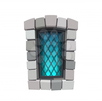Cartoon medieval window of castle. Vector palace, temple, dungeon or fortress exterior or interior architecture design element with barred glass and stone frame. Antique isolated facade construction