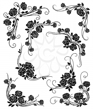 Black rose corners and borders, vintage dividers with scroll and flower buds. Vector flourishes frames, floral embellishment with blossoms, curls and thorns. Elegant isolated retro decor roses