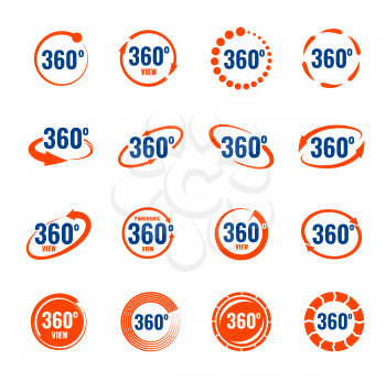 360 degrees virtual camera rotate icons, 3d perspective panorama. Vector angle view circles interface icons for virtual reality map or web design. Rotation spheres and arrows, 3d overview