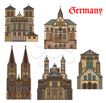Germany architecture of Cologne, travel landmark buildings of Koln, vector. Cologne Cathedral or Kolner Dom, St Andrew and Cunibert churches, Saint Gereon Basilica, German medieval architecture