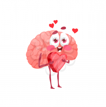 Brain internal organ fall in love isolated funny cartoon character. Vector cute brains emoticon holding heart in hands, lovely smart thinker expressing emotion of love and passion. Cheerful lover