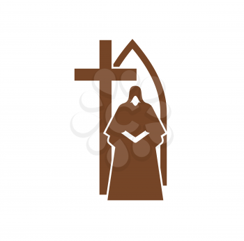 Christianity religion vector icon monk or spiritual praying with open Bible near the cross in arch doorway. Christian catholic crucifix and prayer brown religious emblem
