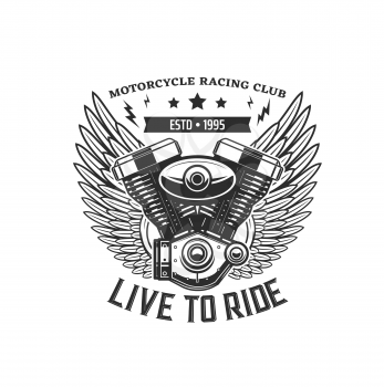 Motorcycle engine with wings icon. Motorsport racing, motocross sport or bikers club, motorcycle repair and restoration garage monochrome vector emblem, t-shirt retro print with winged bike engine