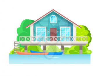 Modern house with wood plank facade by water, vector building or flat home. Neighborhood house or cottage exterior, residential real estate icon for bungalow in front of river with boats on pier