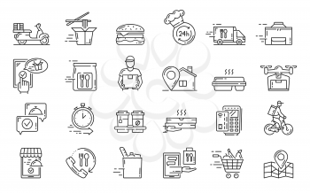 Food delivery icons, fast online order and shipping service vector symbols. Scooter, wok box, burger and toque, payment, delivery linear icons. Courier, clock, shopping trolley, map and phone tube