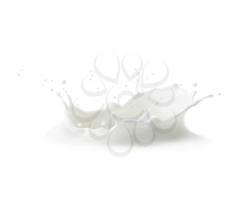 Milk crown splash with splatters and white milky drops, vector liquid yogurt swirl. Milk splash crown or cream drink pouring wave of dairy product. 3D realistic milky flow spatter