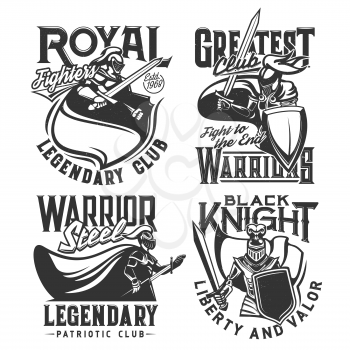Tshirt prints with knights and swords vector mascots for fighter or patriotic club. Medieval warrior in helmet and cape attack. T shirt prints design with typography, isolated monochrome labels set
