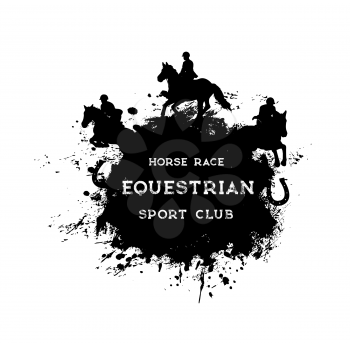 Horse racing, riding and polo, equestrian sport grunge vector banner. Equine races sport emblem of horse racing tournament. Jockey polo or steeplechase rides, horseshoe on black paint splash