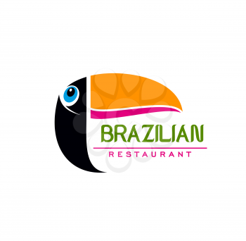 Brazilian cuisine restaurant icon, toucan bird head vector emblem. Latin American or Brazil food bar or cafe and Brazilian authentic gourmet restaurant menu cover sign with tropical toucan bird