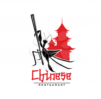 Chinese cuisine restaurant icon with mantis, sticks and temple. Asian food bar vector symbol. Chinese food menu icon with pagoda temple, mantis with bamboo chopsticks