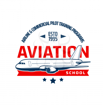 Aviation school icon for pilots and aviators training, vector flight education emblem. Airline and commercial aircraft pilots training courses and pilots academy or avia instructor icon with plane