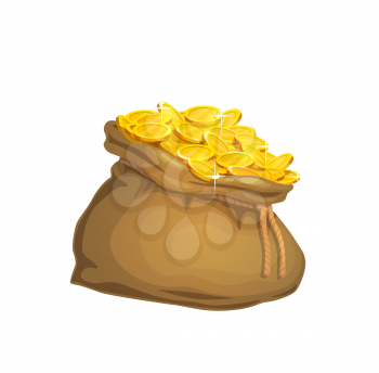 Cartoon treasure bag with gold coins. Vector isolated money bag, old sack or ancient purse with rope full of golden cash and currency. Game prize, rich, jackpot, wealth or finance themes