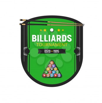 Pool table icon, billiards sport or snooker game club vector emblem. Billiards tournament badge or poolroom championship game sign with 8 eight balls, cues and victory stars on table