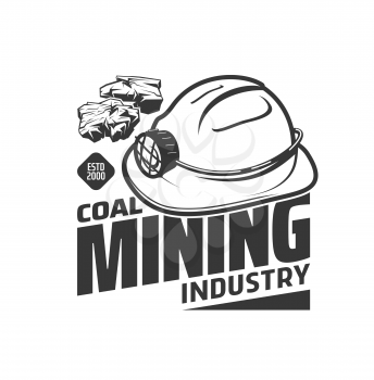Mining industry icon with miner hat and coal or ore, vector. Coal mine or quarry excavation factory mining equipment and tools, hardhat with lamp, metal ore production and extraction