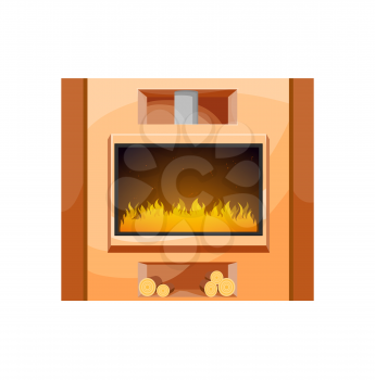 Home interior fireplace with firewood. Modern house vector glass fronted fireplace with marble stone surround, chimney pipe and firewood chunks or logs storage. Fake, decorative or gas fireplace