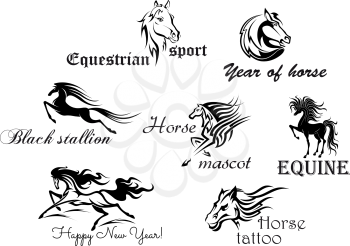 Black horses with decorative scripts for design and ornate