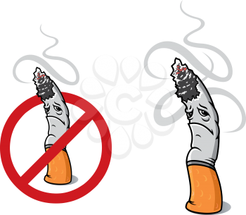 Closeup cigarette for sign of prohibition smoke and nicotine in cartoon style