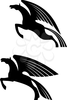 Fantasy winged horses in silhouette style for tattoo or heraldry design