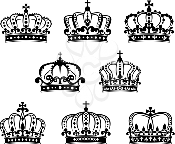 Ornated heraldic royal crowns set isolated on white background for design