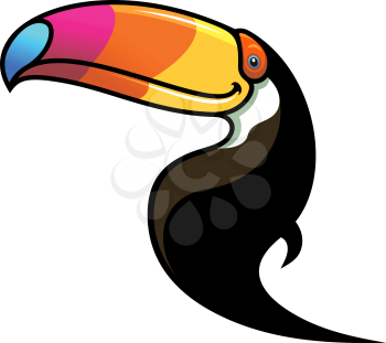 Cartoon black toucan with a large colourful multicoloured beak isolated on white