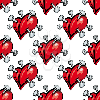 Seamless pattern of red hearts studded with protruding silver nails