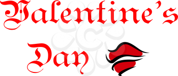 Valentines Day greeting card header with sexy red female lips and text in red font on a white background