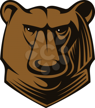 Cartoon illustration of a big brown bear head with glistening eyes staring directly at the viewer, vector on white