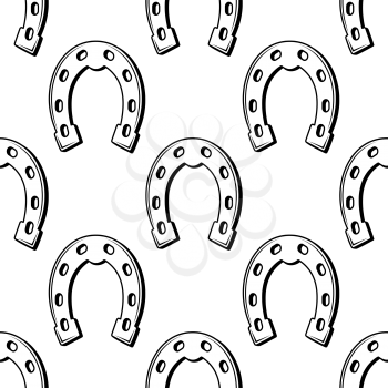 Black and white repeat seamless background pattern of lucky horse shoes arranged in rows suitable for print, wallpaper and textile