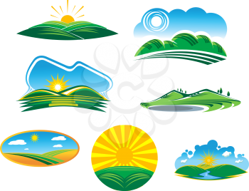 Set of seven different sunny summer landscapes with beautiful green fields and hills basking in the rays of sunshine, vector cartoon illustrations
