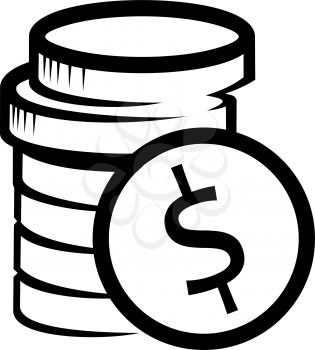 Black and white doodle sketch of a stack of dollar coins with one coin standing upright facing the viewer with a dollar sign