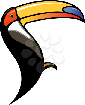 Cute colourful cartoon toucan in profile showing of its large curved bill used for eating fruit, silhouette on white