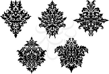 Set of five different foliate arabesque patterns in black and white with acanthus leaf motifs suitable for damask textile and print elements