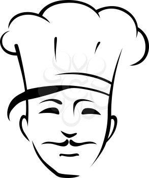 Head of a smiling handsome young chef with a moustache and tradional toque, black and white outline vector doodle sketch illustration