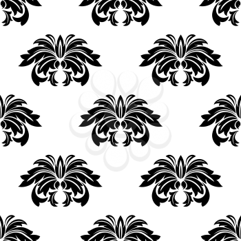 Repeat seamless pattern of foliate arabesques with a leaf motif arranged in rows, black and white silhouette suitable for textile or print
